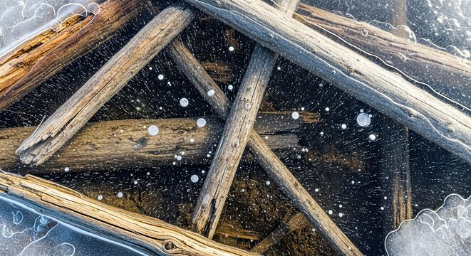 An abstract top-down view of weathered wooden logs trapped under a frozen surface, with intricate patterns of air bubbles creating a beautiful natural winter background