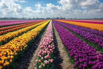 Rows of Colorful Flowers in Spring Field Generative AI