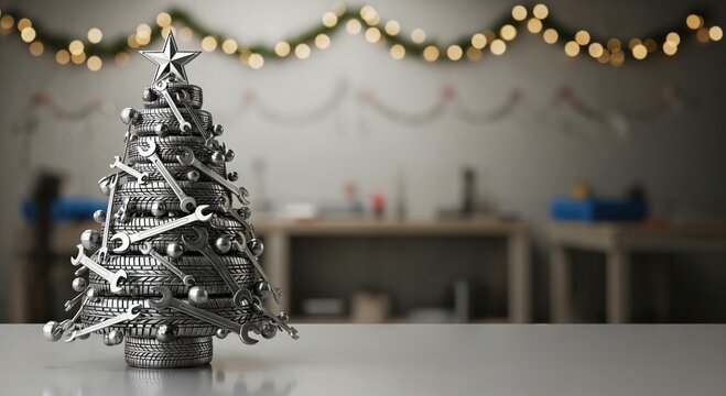 Creative Christmas Tree Made from Car Tires and Mechanic Wrenches Adorned with a Star in a Festive Workshop