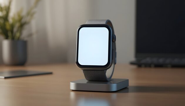 Contemporary smartwatch with a pristine blank display on a minimalist charging dock, ready for personalized digital content and smart applications