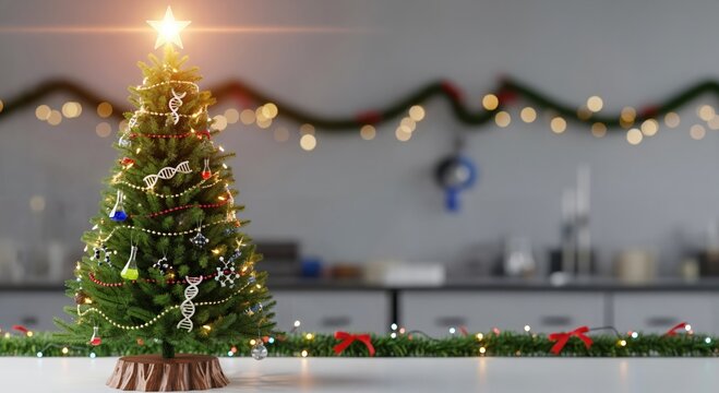 Festive Christmas tree adorned with scientific ornaments like DNA strands, beakers, and molecular models, set in a blurred laboratory environment, blending holiday spirit with scientific themes.