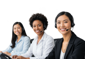 Three diverse women call center agents provide excellent customer service support smiling for a helpful interaction transparent background