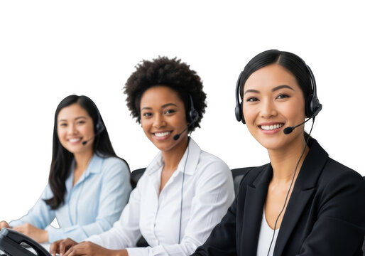Three diverse women call center agents provide excellent customer service support smiling for a helpful interaction transparent background