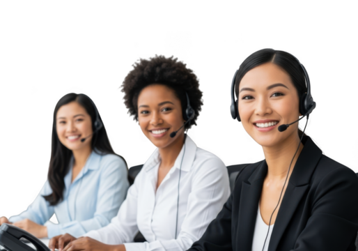 Three diverse women call center agents provide excellent customer service support smiling for a helpful interaction transparent background - Powered by Adobe