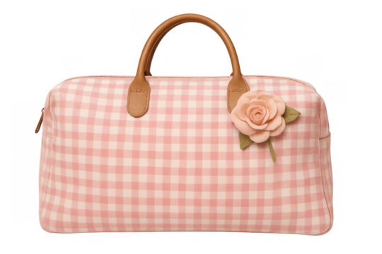 Pink gingham pattern handbag with brown leather handles and decorative rose flower, feminine fashion accessory
