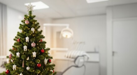 Festive Christmas Tree Decorated with Tooth Ornaments in a Modern Dental Office Setting