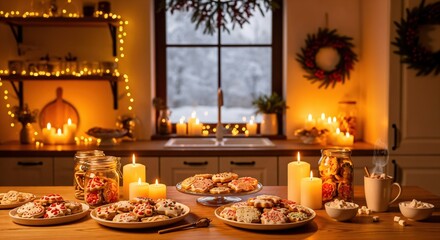 Naklejka premium Cozy Christmas Kitchen Scene with Festive Cookies, Warm Candles, Hot Cocoa, and Snowy Window View, Perfect for Holiday Celebrations