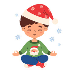 Cute Christmas Boy in Santa Hat Meditating. Male Child Yogi in ugly Xmas Sweater Sits in Lotus Pose. Holiday Dreaming Character. Vector illustration. Not AI 