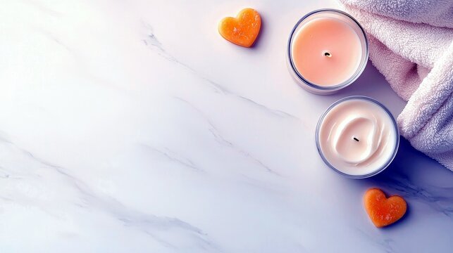 Two scented candles, one pink and one white, sit on a white marble surface next to a folded pink towel. Two orange heart-shaped candies are placed near the cand