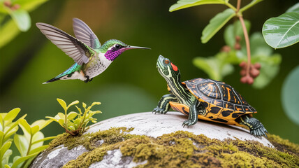 Illustration of hummingbird hovers near a small turtle resting on a mossy rock