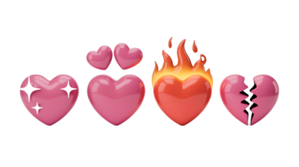 Passionate 3D Hearts, Emotional Valentine Icons, Sweet Glossy Emblems, Dynamic Love Collection, Tender Sparkling Symbol, Vibrant Burning Graphic, Broken Relationship Concept, Modern Digital Assets