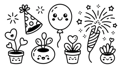 Cute Kawaii Party, Happy Doodle Elements, Joyful Celebration Outline, Sweet Simple Graphics, Adorable Handdrawn Set, Playful Festive Icons, Charming Black and White, Expressive Birthday Assets