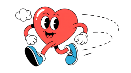Happy Cartoon Heart, Energetic Retro Mascot, Cute Running Character, Joyful Vintage Symbol, Expressive Love Graphic, Playful Animated Emotion, Vivid Fun Design, Active Doodle Concept