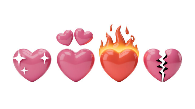 Passionate 3D Hearts, Emotional Valentine Icons, Sweet Glossy Emblems, Dynamic Love Collection, Tender Sparkling Symbol, Vibrant Burning Graphic, Broken Relationship Concept, Modern Digital Assets