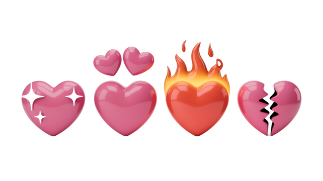 Passionate 3D Hearts, Emotional Valentine Icons, Sweet Glossy Emblems, Dynamic Love Collection, Tender Sparkling Symbol, Vibrant Burning Graphic, Broken Relationship Concept, Modern Digital Assets