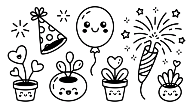 Cute Kawaii Party, Happy Doodle Elements, Joyful Celebration Outline, Sweet Simple Graphics, Adorable Handdrawn Set, Playful Festive Icons, Charming Black and White, Expressive Birthday Assets