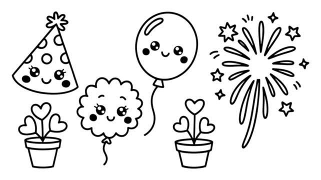 Cute Kawaii Party, Happy Doodle Elements, Joyful Celebration Outline, Sweet Simple Graphics, Adorable Handdrawn Set, Playful Festive Icons, Charming Black and White, Expressive Birthday Assets