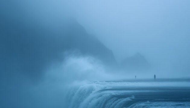 Misty blue landscape features two enigmatic figures near a waterfall, evoking mystery and solitude in a tranquil setting.