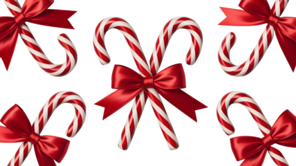 Festive Striped Candy Canes, Sweet Christmas Decoration, Traditional Red Ribbon, Happy Holiday Ornament, Classic Peppermint Treat, Joyful Isolated Confection, Detailed Seasonal Gift