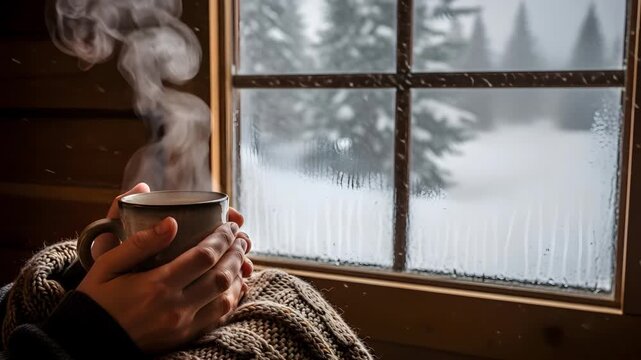 Cozy winter morning hands holding steaming mug by frosty window overlooking snow covered pine.mp4