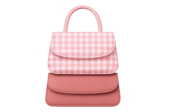 Pink handbag with gingham pattern and solid color flap, fashion accessory for women, isolated on transparent background - Powered by Adobe