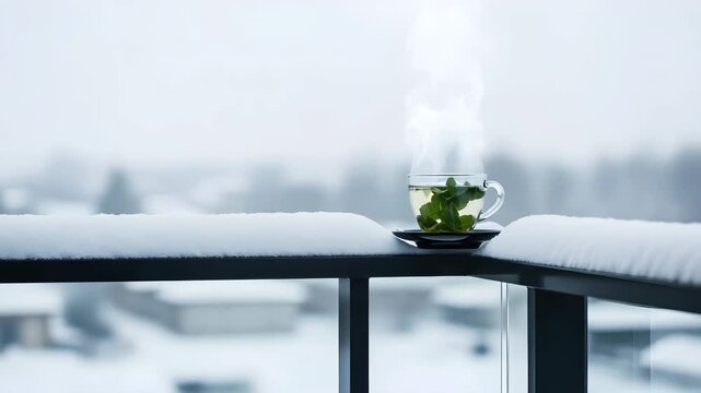 Steaming herbal tea in glass cup on snowy balcony winter morning cozy comfort warm beverage video
