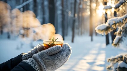 Cozy Winter Warmth Steaming Herbal Tea Cup Held by Mittened Hands Snowy Forest Sunlight Golden Hour 4K Ai HD high quality video.	
 - Powered by Adobe