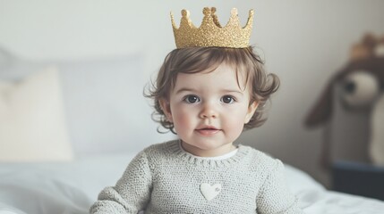 Cute baby girl with golden crown sitting on bed, looking at camera for birthday, Christmas, or new year greeting card. Childhood and happy family concept.