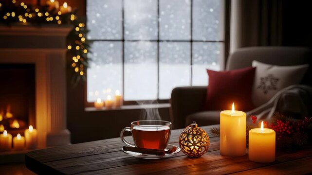 Cozy Winter Evening Warm Tea Fireplace Snowfall Candles Christmas Ornament Cozy Atmosphere 4K Ai HD high quality video.	
