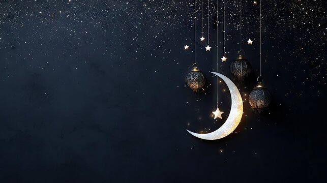 A luminous crescent moon, decorative lanterns, and small stars are suspended against a dark, starry night backdrop, creating a magical and festive atmosphere.