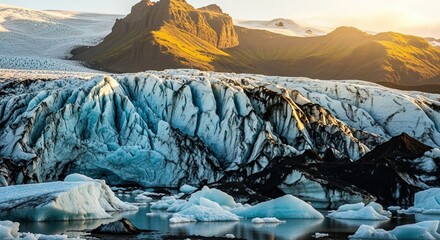 A majestic glacier with blue ice and volcanic ash sits in a calm lagoon, with sunlit mountains glowing in the warm light of a dramatic arctic sunset