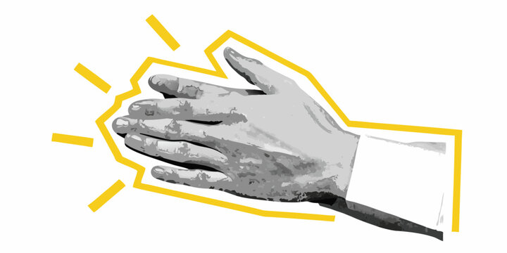 Clapping hand illustration with yellow outline and rays on white background