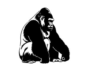 Fototapeta premium Striking black silhouette vector illustration of a powerful gorilla in a seated posture, embodying its immense strength and calm presence as a symbol of wildlife