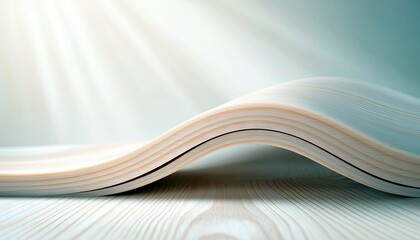 A close-up, abstract shot of a curved, layered wooden surface with visible wood grain. Soft, diffused light rays stream in from the upper left, creating a seren