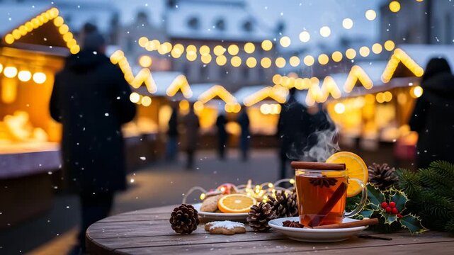 Cozy winter market mulled wine steaming hot drink with cinnamon orange and star anise surrounded 4K Ai HD high quality video.	
