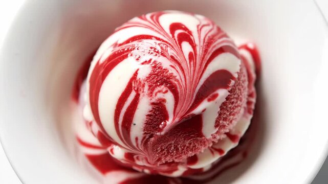 A delicious scoop of white chocolate raspberry ice cream with swirling patterns served in a white bowl