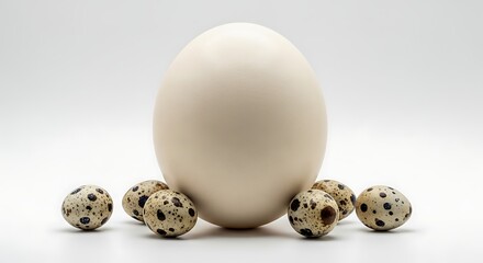 Obraz premium Contrasting Sizes - A Chicken Egg Surrounded by Quail Eggs.
