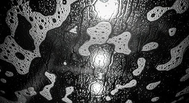 Dramatic black and white macro view of soapy water with bubbles and suds flowing down a dark, reflective glass surface, creating a dynamic and abstract textural background