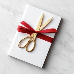 Elegant Gift Wrapping With Gold Scissors And Red Ribbon On White Marble Surface