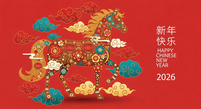 Happy Chinese New Year 2026. Gold horse zodiac and lanterns, cloud on red background. Card design invitation or greeting. Lunar calendar animal. Translation Happy new year, Year of the horse. ... See 