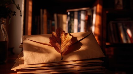 Warm Autumnal Still Life With Dried Leaf And Envelopes On Bookshelf