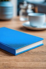 Blue Notebook On Wooden Table With Coffee Cup