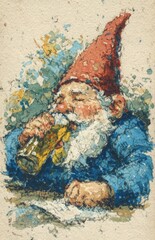 Watercolor and Textured Illustration of Gnome Drinking from a Bottle on Vintage Paper Background | Rustic Retro MS Paint Aesthetic with Fine Art Elements