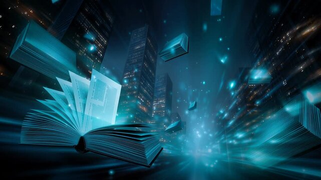 bookshelves in library, modern library with digital catalog