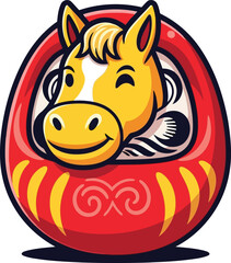 Smiling yellow horse face on red daruma doll illustration 1