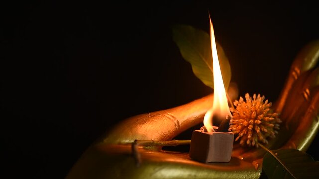Aromatherapy with Kratom or Mitragyna speciosa Korth branch flower on black ceramic background.