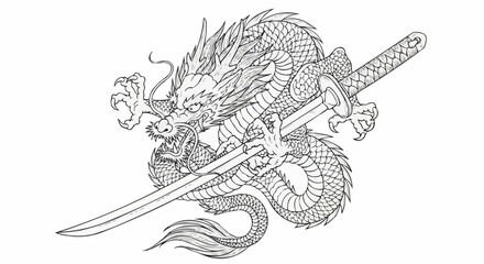 Detailed black and white line art of a mythical Asian dragon holding a katana.