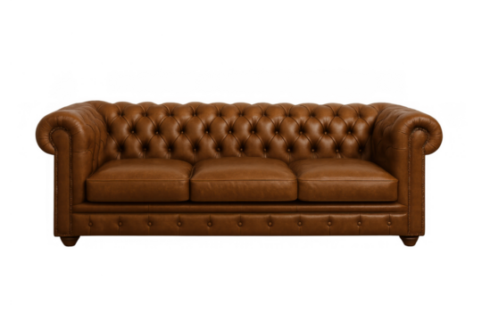 Luxury chesterfield sofa displaying brown leather and tufted upholstery. Elegant vintage style furniture for home or office interior decor