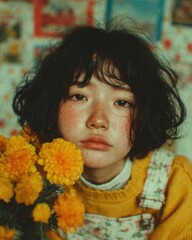 Authentic Portrait of Young Asian Woman with Freckles and Flushed Cheeks Holding Yellow Marigolds: Aesthetic Vintage Style Photo with Warm Tones and Grunge Texture