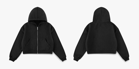 black zipper hoodie on white background, black crop hoodie from front and back side